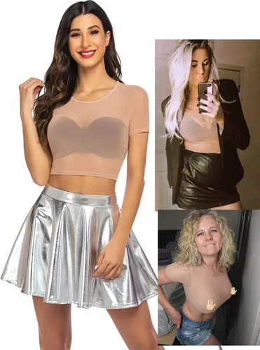 Vista 2 de Avidlove Camiseta corta de malla para mujer manga corta ajustada transparente cuello redondo ropa de club Blanco
