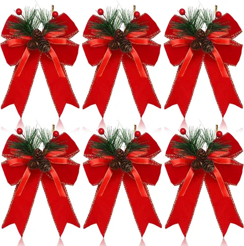 Vista 9 de Syhood - 6 lazos de Navidad a cuadros con piñas de pino, cintas de terciopelo negro, para corona de árbol de Navidad, decoración de fiestas