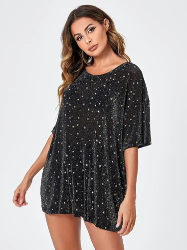 Vista 6 de WDIRARA Blusa de malla para mujer con purpurina transparente y de manga corta