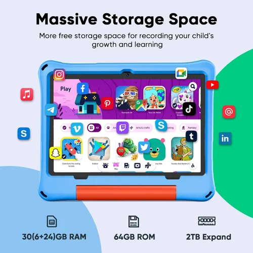 Vista 5 de Tablet para niños, tableta Android 16 para niños de 10 pulgadas Octa-Core 2.2GHz con funda, 30 GB de RAM 64 GB ROM, 2 TB expandir, control parental