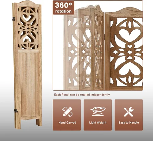 Vista 7 de Divisor de habitación de 4 paneles totalmente montado, separadores de habitación tallados y pantallas plegables, divisor de madera de 5.6 pies