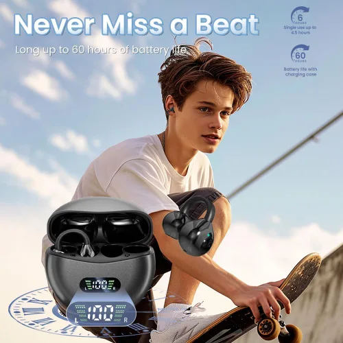 Vista 2 de Auriculares inalámbricos Bluetooth 5.4 con clip, con micrófono, reproducción de 60 horas, cancelación de ruido, impermeables, deportivos, cómodos
