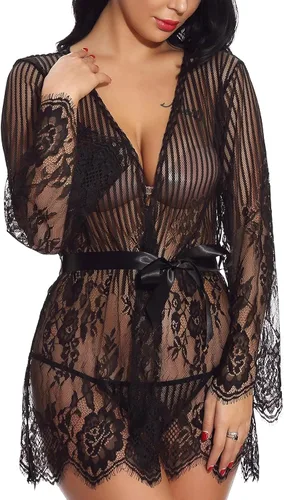 Vista 2 de RHWHOGLL Lencería sexy para mujer para sexo travieso encaje de malla pijama babydoll vestido de satén camisón camisón de satén 100