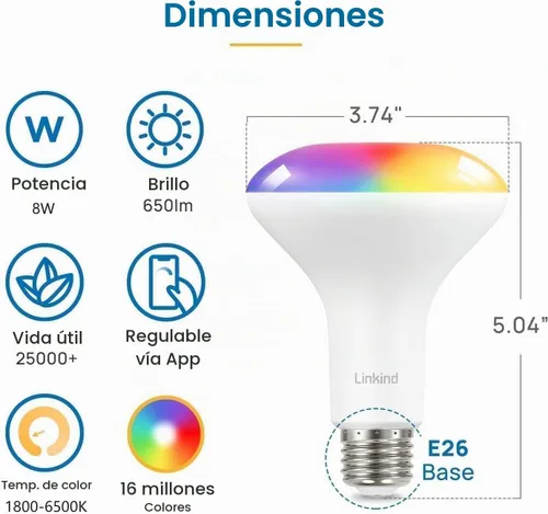 Vista 4 de Linkind - Bombillas inteligentes BR30, bombillas de inundación WiFi compatibles con Alexa y Google Home, bombilla de luz RGBTW que cambia