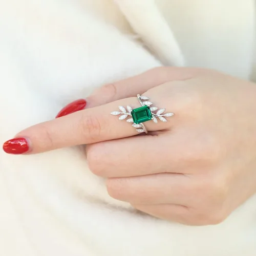 Vista 4 de MayaRuth Anillo cruzado único de plata de ley 925 con piedras preciosas de esmeralda creadas y simuladas, hoja de plumas de cóctel, vintage, largo