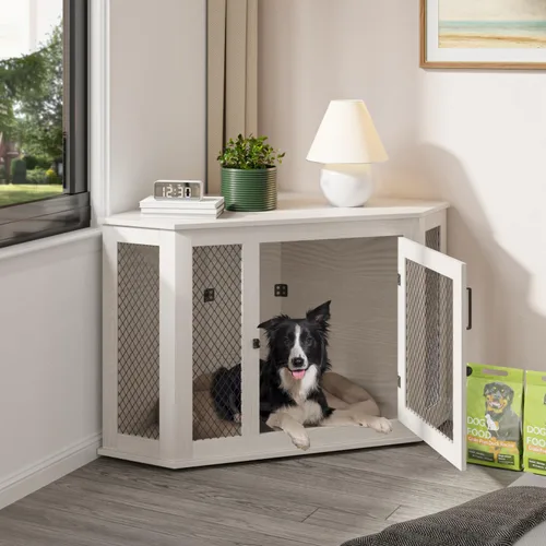 Vista 8 de PUKAMI Muebles de jaula para perros de esquina de 44 pulgadas, muebles de perrera para perros de madera con malla, casa decorativa de madera
