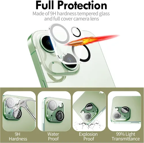 Vista 3 de Protector de lente de cámara compatible con iPhone 15 y 15 Plus, cubierta de cámara de vidrio templado de dureza 9H, Ultra HD, antiarañazos, fácil