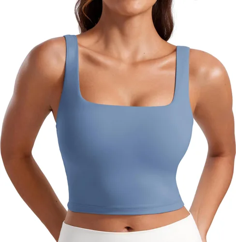 Vista 13 de CRZ YOGA Butterluxe Square Neck Crop Tank Top Brasier integrado, soporte ligero, almohadillas extraíbles, yoga, extremadamente suave, tirantes