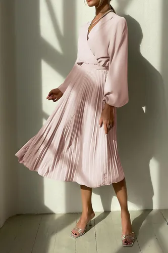 Vista 3 de PRETTYGARDEN Vestido Midi de Primavera para Mujer con Manga Larga Abombada, Cuello en V Envolvente, Fluido, con Volantes Plisados, Vestidos Casuales