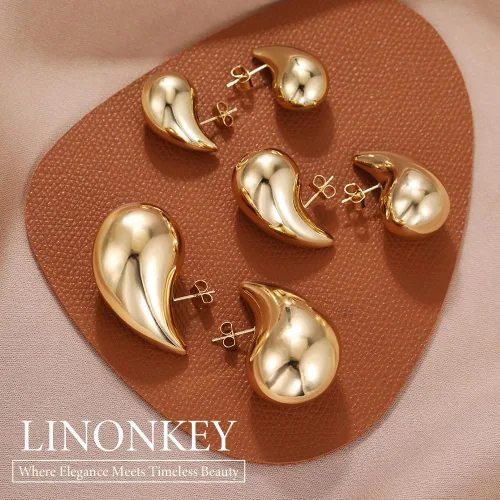 Vista 7 de LINONKEY Juego de 3 pares de aretes de oro con forma de lágrima para mujer, grandes, medianos, pequeños, gruesos, hipoalergénicos, chapados en oro