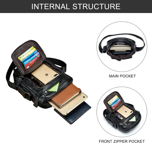 Vista 4 de BAIGIO Bolso de hombro de cuero genuino para hombre, maletín de mensajero, bolso de mano cruzado, bolso de viaje