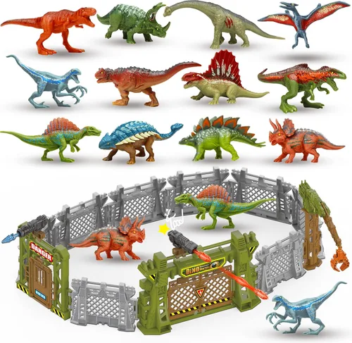 Vista 9 de Oriate 12 piezas Mini Figuras de Dinosaurios para Niños de 3-5 y 5-7 años, juego de captura y escape del mundo de los dinosaurios, incluye 6 vallas