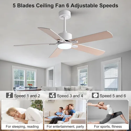 Vista 5 de Ventiladores de techo de 42 pulgadas con luces y control remoto, moderno ventilador de techo blanco con luz para dormitorio interior, 5 cuchillas