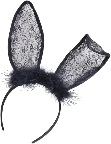 Vista 3 de Diadema de orejas de conejo de encaje negro con orejas de conejo de Pascua, aro para el cabello, diadema de encaje de conejo para mujeres, niñas