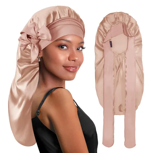 Vista 22 de BONNET QUEEN Gorro de Trenza de Seda Gorro Plegable Extra Largo para Trenzas con Banda de Atar, Capó de Satén Largo para Dormir, Verde Oscuro