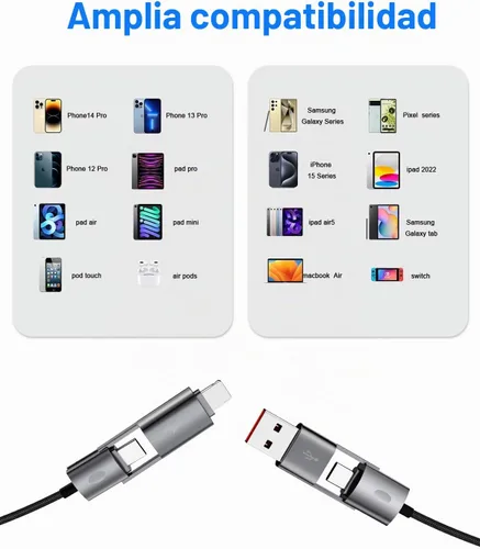 Vista 5 de Paquete de 2 cables USB C 4 en 1 de carga rápida PD 65 W 27 W con puerto tipo C/USB A/L, cable doble trenzado redondo USB-C de 3 pies para iPhone 16