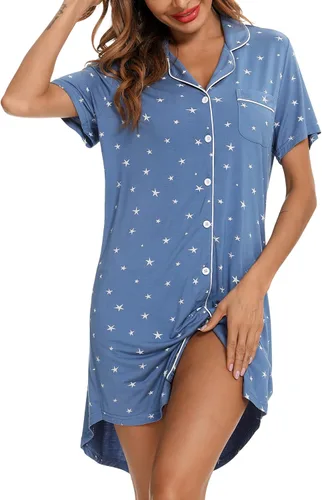 Vista 94 de Samring Camisón de pijama para mujer, manga corta/larga, con botones, camisón para dormir, camisón para novio, talla XXL
