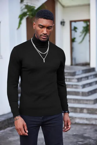 Vista 6 de COOFANDY Suéter de cuello alto ajustado para hombre, casual, básico, de manga larga, suéter de punto
