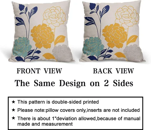 Vista 5 de Fundas de Almohadas para Exteriores con Flores 16x16 Juego de 2, Fundas de Almohadas Decorativas Verde Azulado Gris Mostaza Amarillo Floral, Fundas