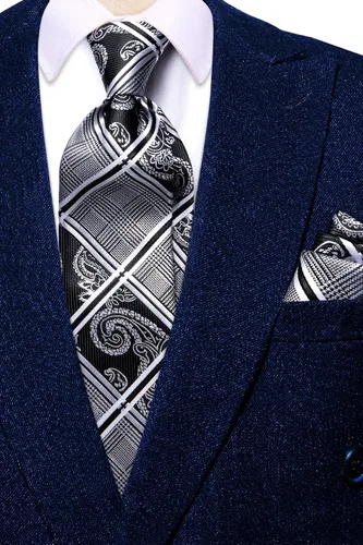 Vista 331 de Hi-Tie Corbata clásica de cachemira para hombre con pañuelo y gemelos a cuadros
