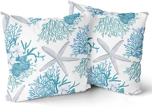 Vista 2 de Fundas de almohada náuticas costeras de 18 x 18 pulgadas, juego de 2 fundas de almohada de algodón para verano, fundas de cojín para sofá al aire