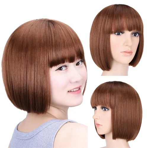 Vista 50 de Pelucas Bob con flequillo, peluca de cabello castaño rojizo de 10 Caoba