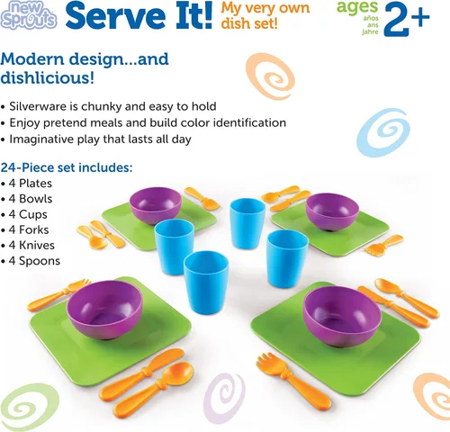 Vista 6 de Recursos de aprendizaje New Sprouts Serve It! Set de vajilla, Interacciones sociales tempranas, 24 piezas, Edades 2+ Accesorios de cocina Play