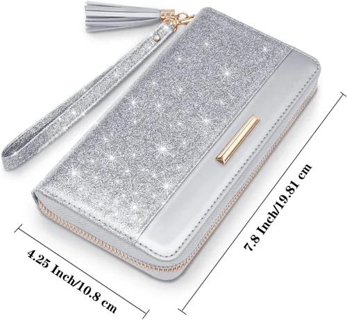Vista 4 de Carteras para mujer, de piel sintética, tarjetero organizador con borla y correa de muñeca