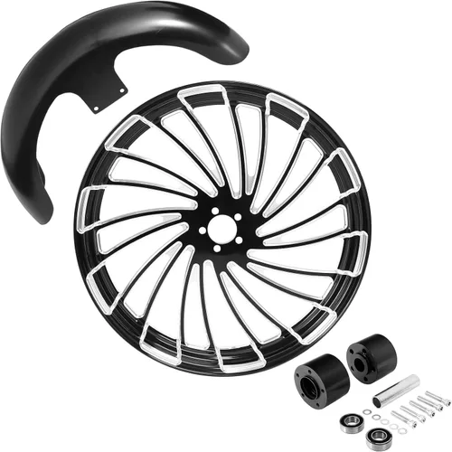 Vista 24 de TCMT Llanta de rueda delantera de 21", buje de rueda de brida de doble disco con guardabarros delantero negro sin pintar, compatible con modelos