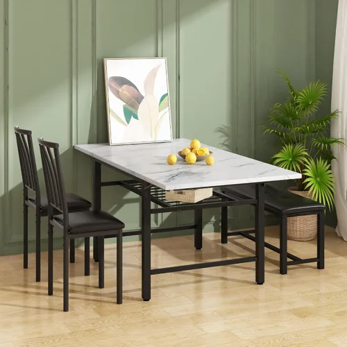 Vista 4 de AWQM Mesa de comedor de 4 piezas de mármol sintético con estante de almacenamiento, juego de mesa de rincón de desayuno que ahorra espacio con 2