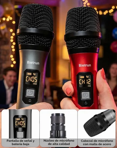 Vista 7 de Bietrun Micrófono inalámbrico, juego profesional de micrófonos UHF de metal, de mano, doble, inalámbrico, dinámico, con receptor recargable, salida