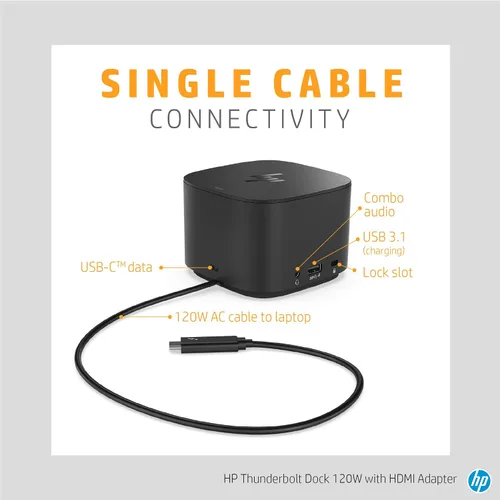 Vista 2 de HP Base Thunderbolt de 120 W con adaptador HDMI, estación de acoplamiento universal USB-C, un cable, múltiples conexiones, con una sola conexión