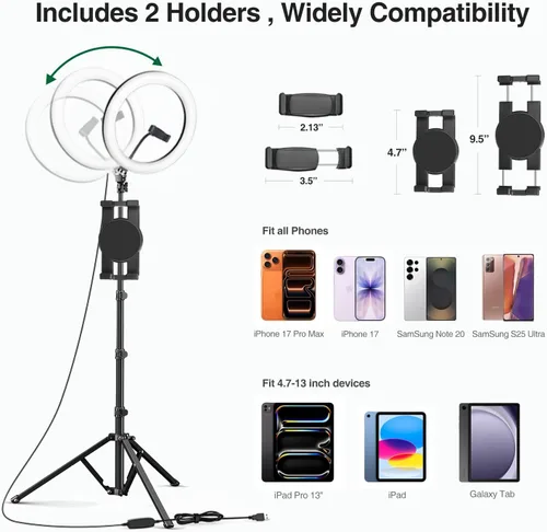 Vista 10 de Elitehood Anillo de luz de 12 pulgadas con soporte de trípode (72 pulgadas de alto) y soporte para iPad/teléfono, luces LED de círculo para selfie