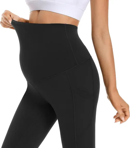 Vista 2 de Foucome Leggings de maternidad para mujer con bolsillos sobre el vientre, leggings de entrenamiento para yoga, pantalones de trabajo activo