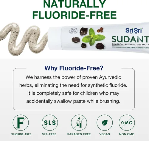 Vista 2 de Sri Sri Tattva Sudanta - Pasta de dientes de carbón - SLS, pasta de dientes herbales sin flúor con neem y hierbas ayurvédicas, blanqueamiento dental