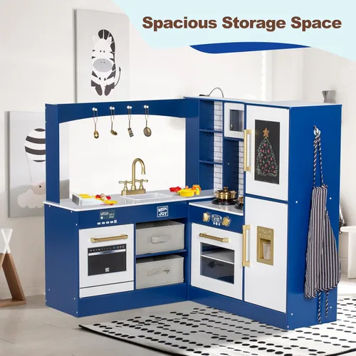 Vista 6 de BRINJOY Cocina de Juego de Esquina para Niños, Juego de Cocina de Madera para Niños Pequeños con Grifo, Fregadero, Microondas, Horno, Delantal