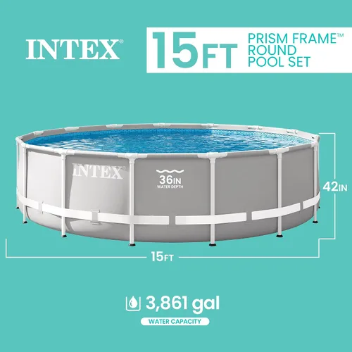 Vista 3 de Intex 26723EH - Juego de piscina sobre el suelo con marco de prisma Premium: 15 pies x 42 pulgadas - Incluye bomba de filtro de cartucho de 1000 GPH