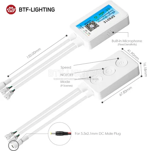Vista 6 de BTF-LIGHTING WS2812B WS2811 1903 controlador Bluetooth SP601E con micrófono incorporado, música, doble salida de señal para tira de luces LED