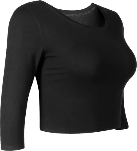 Vista 2 de Women Slim Fit Basic Round Neck 34 Sleeve Casual Y2K Cute Yoga Crop Top Workout Shirts