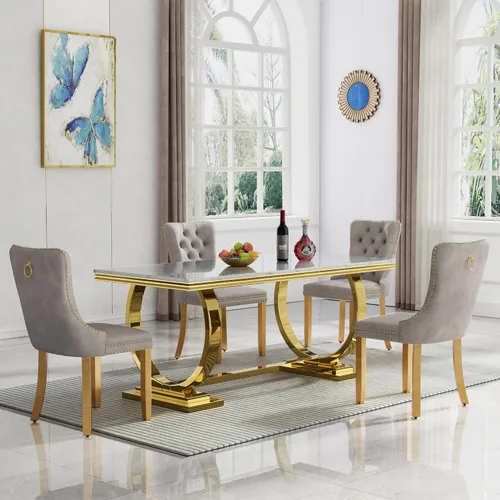 Vista 40 de HomVent Juego de mesa de comedor moderna de mármol sintético para 4 personas, mesa de cocina rectangular con 4 sillas beige (dorado)