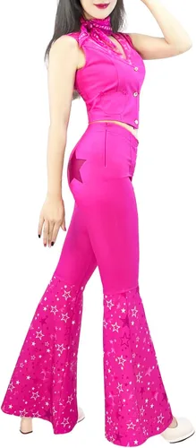 Vista 4 de Naywig Traje de vaquera de los años 70 y 80 hippie disco disfraz rosa acampanado pantalón Halloween cosplay para mujeres y niñas