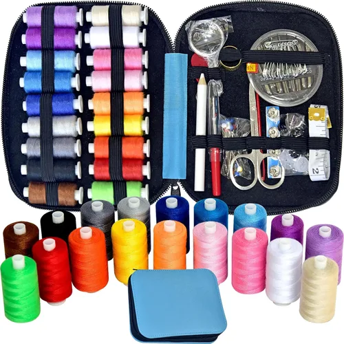 Vista 19 de Kit de costura con estuche, suministros de costura portátiles para el hogar, viajero, adultos, principiantes, emergencia, contiene 18 hilos