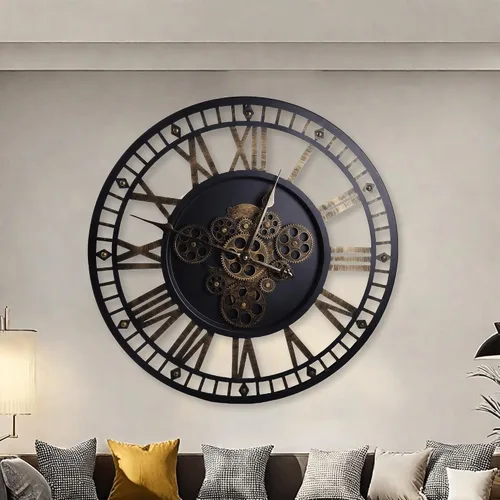 Vista 2 de Reloj de pared digital grande de 24 pulgadas con engranajes móviles reales, reloj redondo silencioso de metal industrial vintage para dormitorio