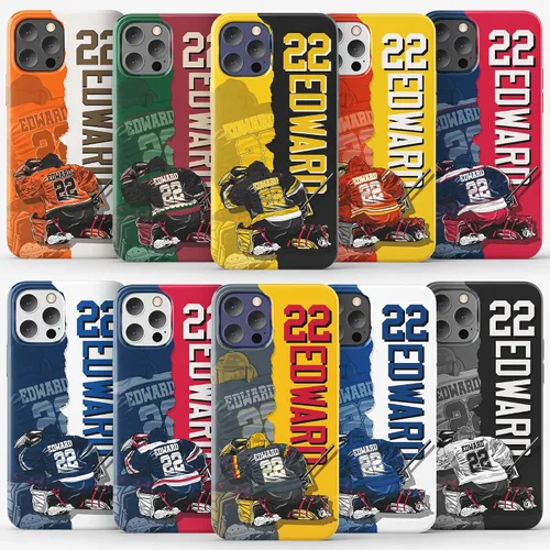 Vista 13 de Funda protectora personalizada con nombre y número de jugador de arte de hockey sobre hielo, compatible con iPhone 16, 15, 14, 12, 13, 11 X, XR, XS
