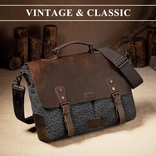 Vista 6 de VASCHY Bolsa de mensajero para hombre, bolso de lona de tweed de cuero vintage de 15.6 pulgadas para laptop de negocios, bolsa de hombro cruzada