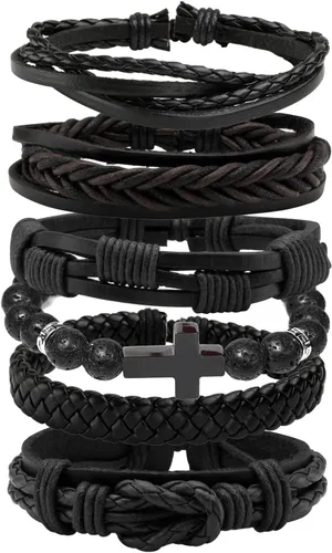 Vista 8 de MILAKOO 6 pulseras de cuero trenzado para hombres y mujeres de madera con cuentas de pulsera ajustable