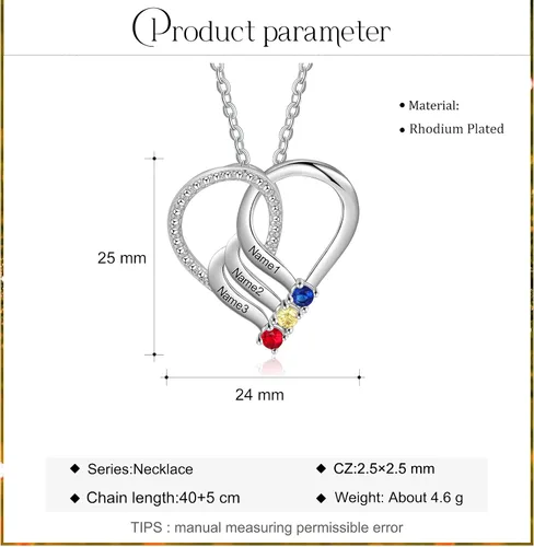 Vista 4 de Jeweidea Collar de corazón personalizado con 2-6 piedras natales de imitación con nombre personalizado madre e hija cadena colgante para mujeres