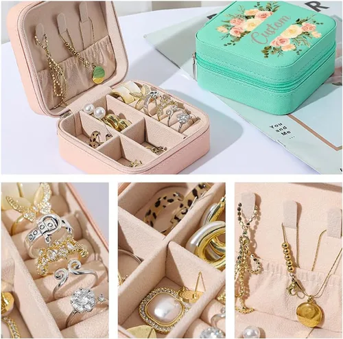 Vista 4 de Joyero personalizado con nombre y floral, estuche de viaje personalizado, organizador de dama de honor, regalos de cumpleaños para mujeres