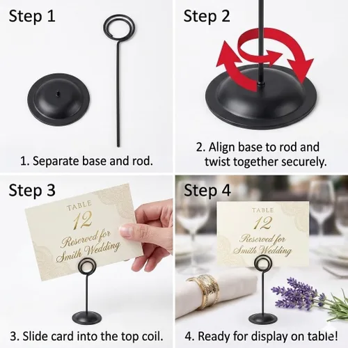Vista 7 de HOHIYA Paquete de 12 soportes negros para números de mesa de 12 pulgadas, soportes para tarjetas de lugar de boda Elegantes soportes negros