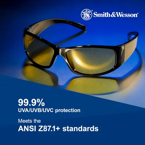 Vista 6 de Smith & Wesson® Gafas de seguridad Elite™ (21305), con revestimiento antivaho y lentes ámbar (amarillo) y montura negra, unisex para hombres